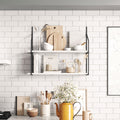 Verne White Tiered Shelf with clean white wood ledges and black metal floating shelf brackets in bright kitchen space