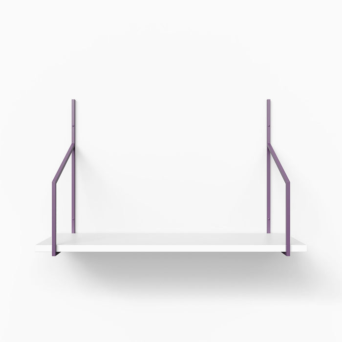 Verne White Tiered Shelf featuring a single white wood ledge with muted purple metal floating shelf brackets