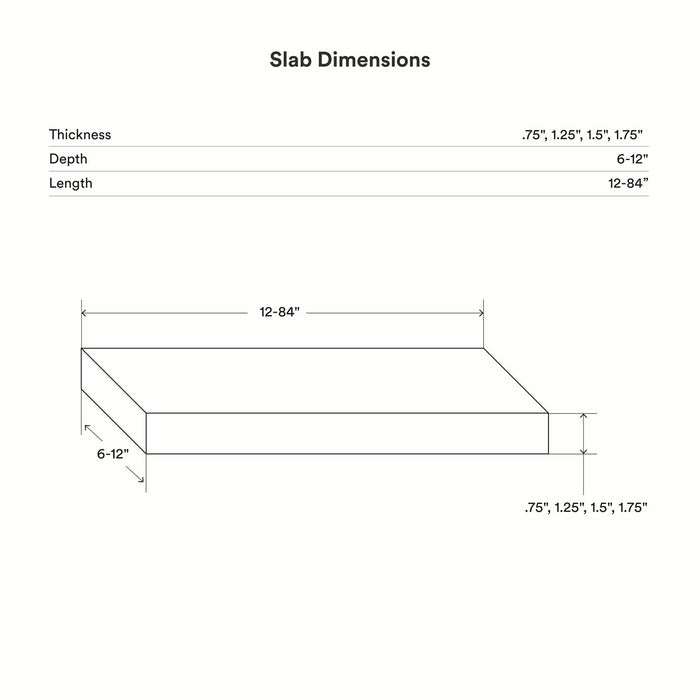 Unfinished White Oak Wood Slab dimensional diagram showing thickness options from 0.75 to 1.75 inches, depth from 6 to 12 inches, and length from 12 to 84 inches for custom floating shelves and display ledges.