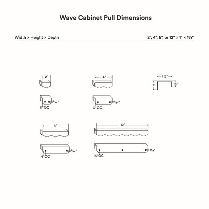 Wave Cabinet Pull line drawing showing dimensional options of 2, 4, 6, and 12 inches for minimalist hardware design