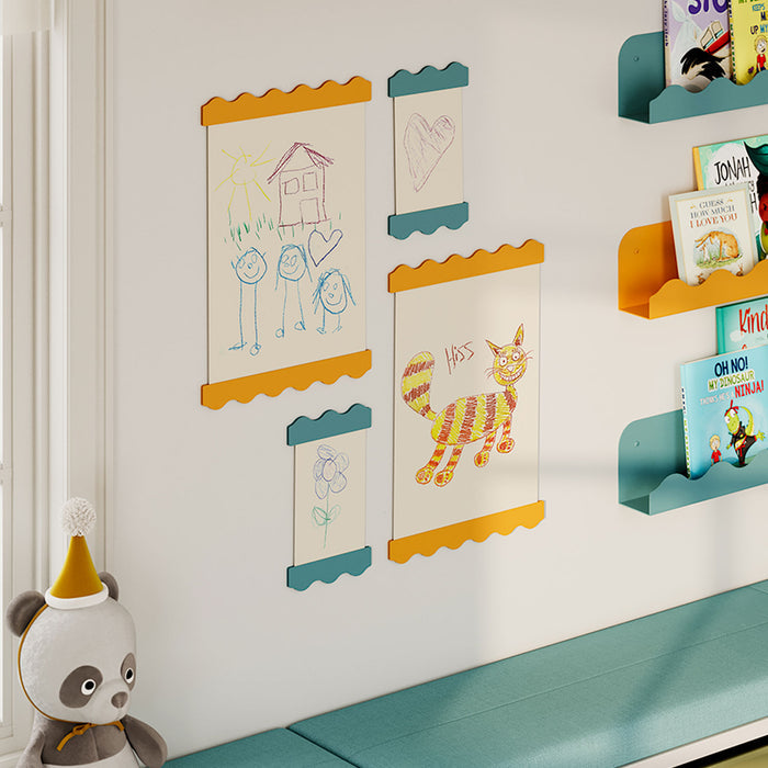 Wave Magnetic Print Hanging System displaying colorful children’s drawings on a bright, organized wall space