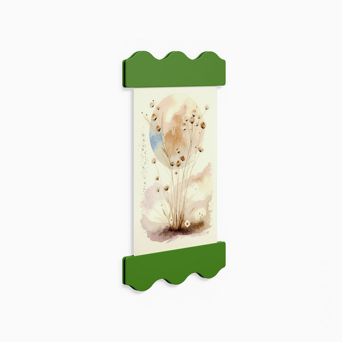 Wave Magnetic Print Hanging System in green holding a botanical watercolor print on a white wall background