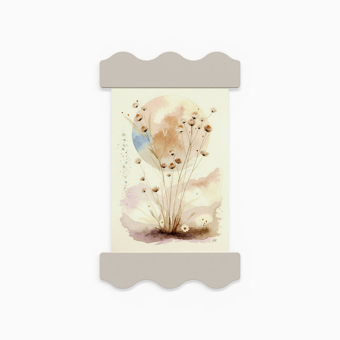 Wave Magnetic Print Hanging System in muted gray holding a botanical watercolor artwork on a light background