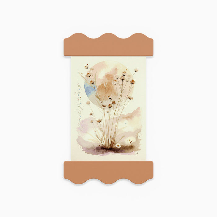 Wave Magnetic Print Hanging System in clay color holding a delicate botanical watercolor on white background
