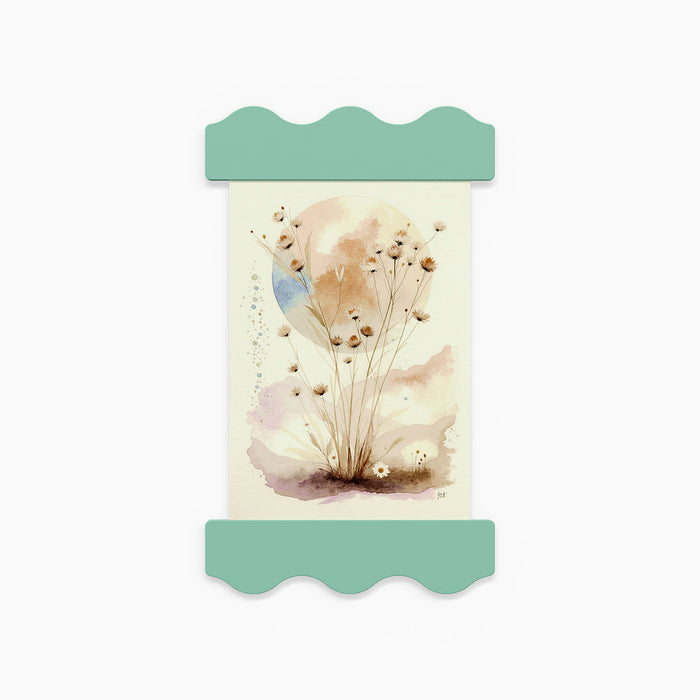Wave Magnetic Print Hanging System in soft teal holding a delicate botanical watercolor print on a white background