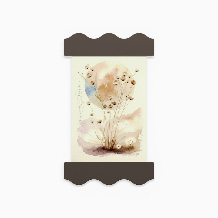 Wave Magnetic Print Hanging System in tungsten steel holding a delicate abstract botanical artwork on a white backdrop