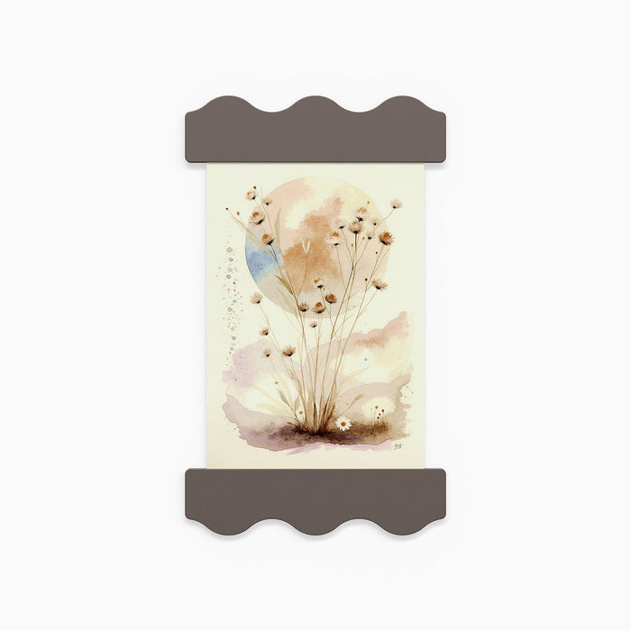 Wave Magnetic Print Hanging System in arsenic steel displaying a soft botanical watercolor print with neutral tones