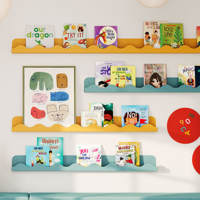 Wave Picture Ledge in vibrant yellow and muted teal steel with wave edge for playful wall display and shelf organization