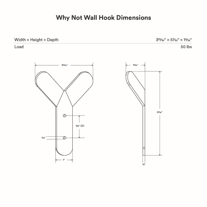 Why Not Wall Hook technical drawing showing dimensions and load capacity for functional wall hook by Shelfology
