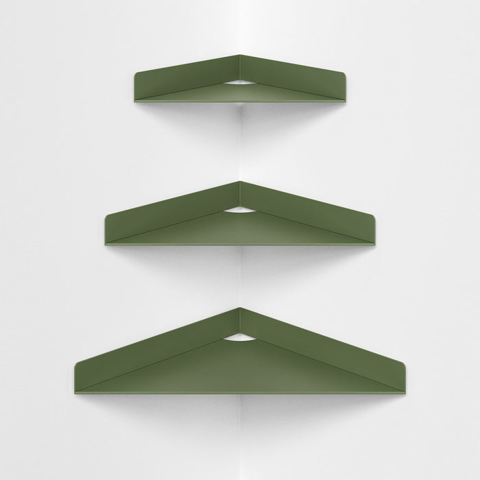Wink Triangle Corner Shelf in muted olive steel with minimalist design for functional, space-saving corner wall organization