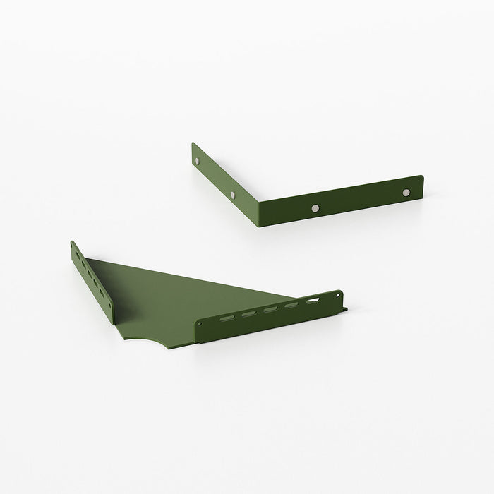 Wink Triangle Corner Shelf in muted army green steel with functional design for durable wall display and space-saving organization