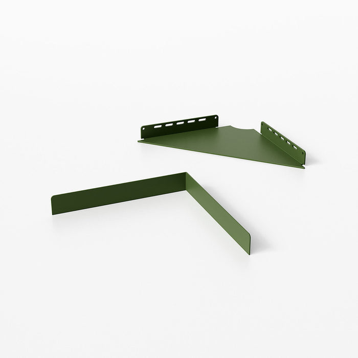 Wink Triangle Corner Shelf in muted army-green steel with durable minimalist design for efficient wall shelf display and storage