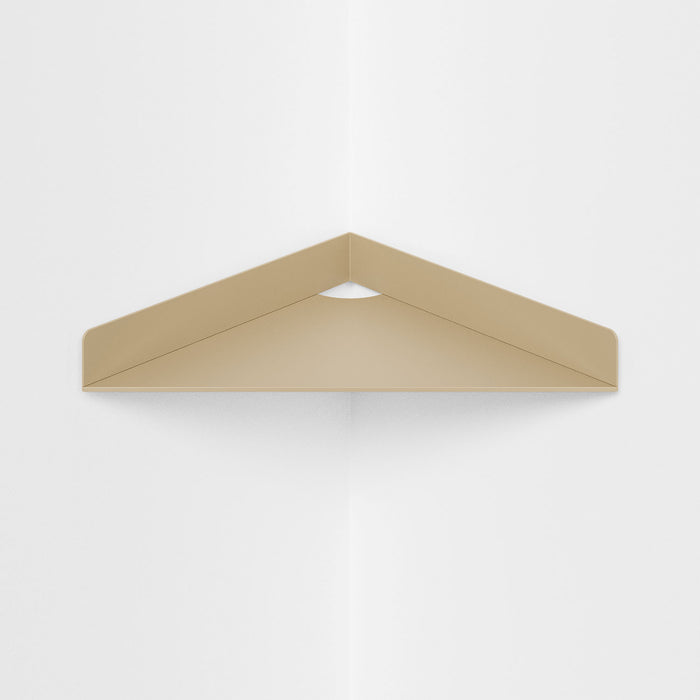 Wink Triangle Corner Shelf in muted sand steel with clean geometric design for stylish corner wall display and organization