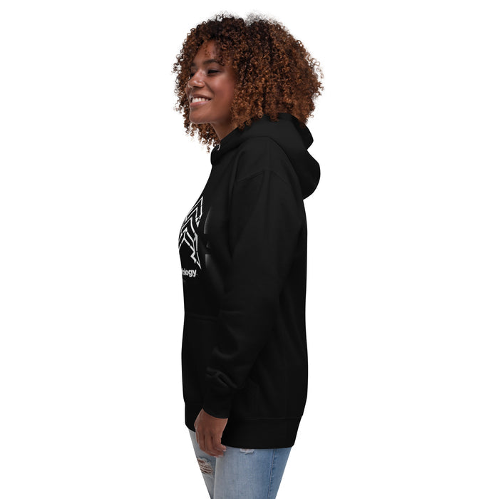 Woman's Tagged Hoodie in black with bold white geometric Shelfology logo for comfortable, stylish everyday wear