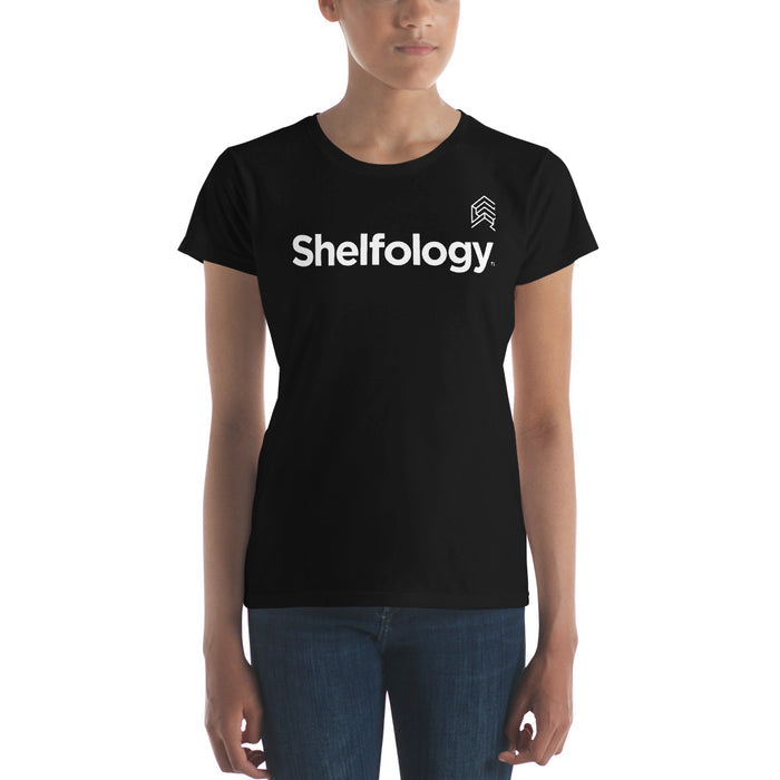 Women's A-Team T-shirt in black with white Shelfology logo and minimalist design celebrating display and organization solutions
