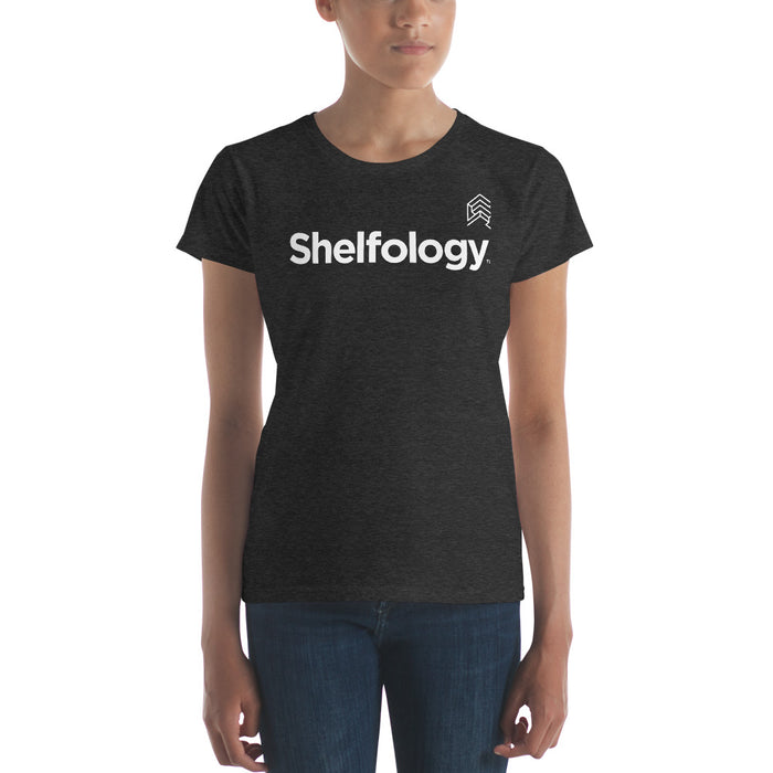 Women's A-Team T-shirt in dark heather grey with bold white Shelfology logo and a modern minimalist style