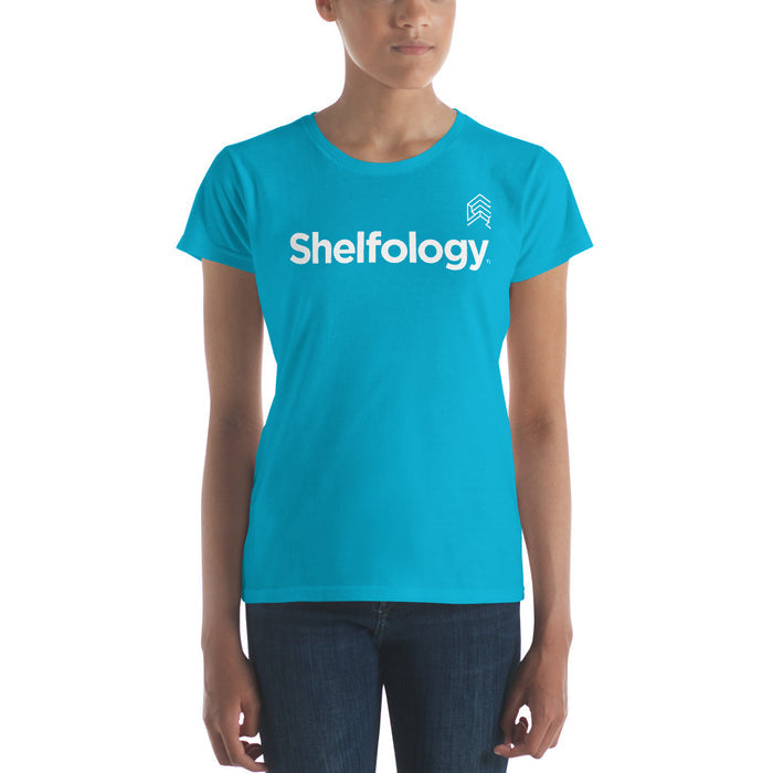 Women's A-Team T-shirt in vibrant Caribbean blue with white Shelfology logo and a sleek fit for casual everyday style