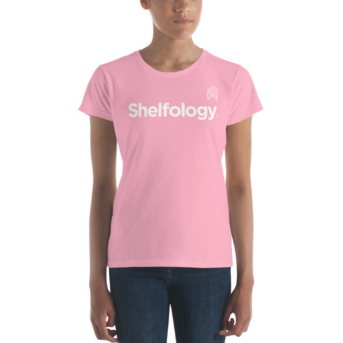 Women's A-Team T-shirt in charity pink with white Shelfology logo, offering a sleek, comfortable fit for everyday wear