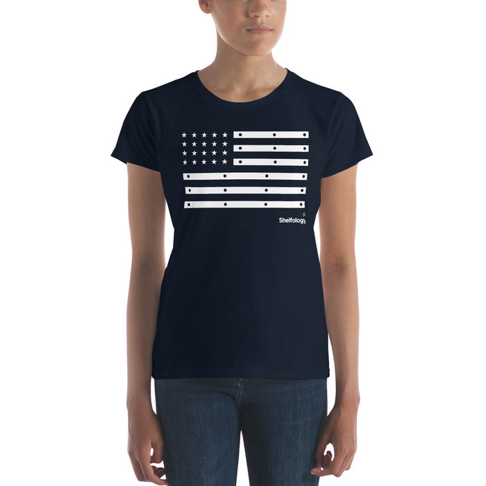 Women's American Bracket T-shirt in navy with white stylized flag graphic featuring shelf bracket elements and subtle logo detail