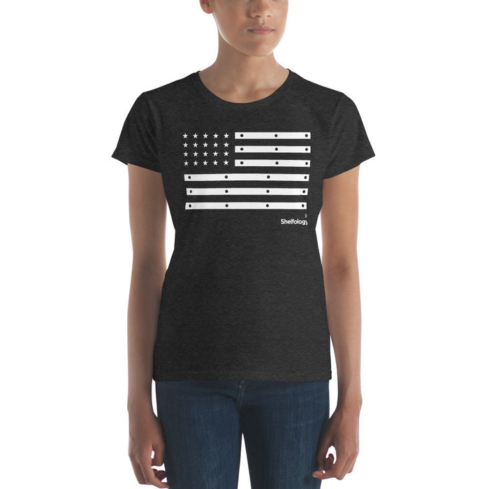 Women's American Bracket T-shirt in dark heather grey with white graphic resembling shelf brackets forming a stylized flag