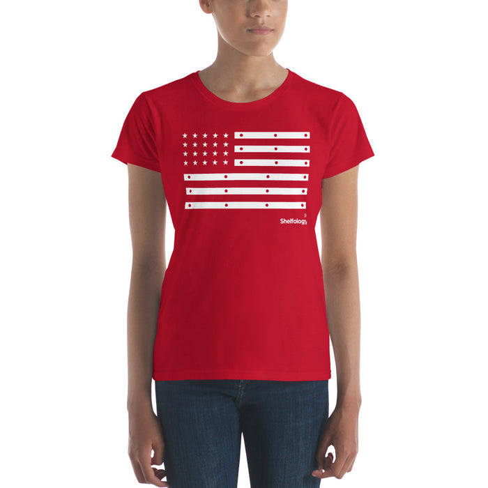 Women's American Bracket T-shirt in bright red featuring a white flag graphic inspired by shelf brackets with subtle logo detail