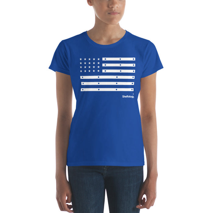 Women's American Bracket T-shirt in royal blue featuring a white shelf bracket inspired flag graphic and subtle branding detail