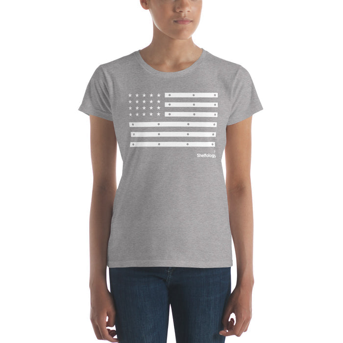 Women's American Bracket T-shirt in heather grey featuring a white stylized flag graphic inspired by shelf brackets and subtle branding