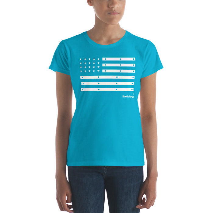 Women's American Bracket T-shirt in bright Caribbean blue featuring a white shelf bracket inspired flag graphic and subtle branding
