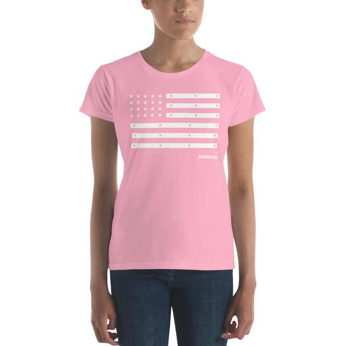 Women's American Bracket T-shirt in soft pink featuring white shelf bracket inspired flag design and subtle Shelfology branding