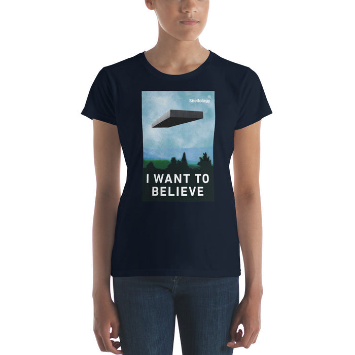 Women's Believe T-shirt in navy with minimalist floating shelf graphic and "I WANT TO BELIEVE" text by Shelfology