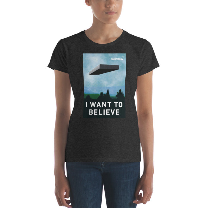 Women's Believe T-shirt in dark heather gray with graphic of a floating shelf and "I WANT TO BELIEVE" text by Shelfology