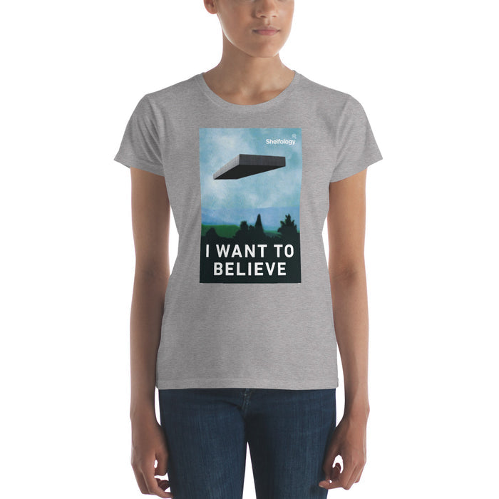 Women's Believe T-shirt in heather gray featuring a floating shelf and "I WANT TO BELIEVE" text by Shelfology