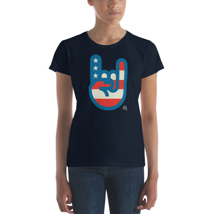 Women's Murica T-shirt in navy featuring a patriotic hand gesture with stars and stripes by Shelfology