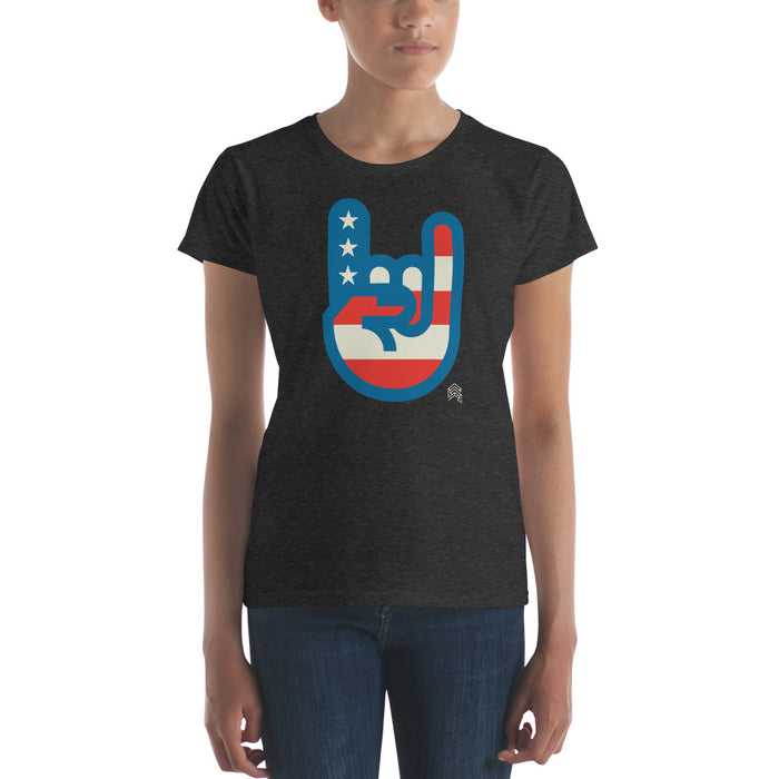 Women's Murica T-shirt in dark heather gray featuring a patriotic hand sign with stars and stripes by Shelfology
