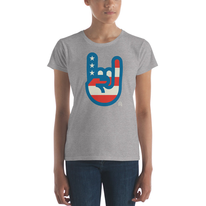 Women's Murica T-shirt in heather gray with a patriotic hand sign design featuring red, white, and blue elements by Shelfology