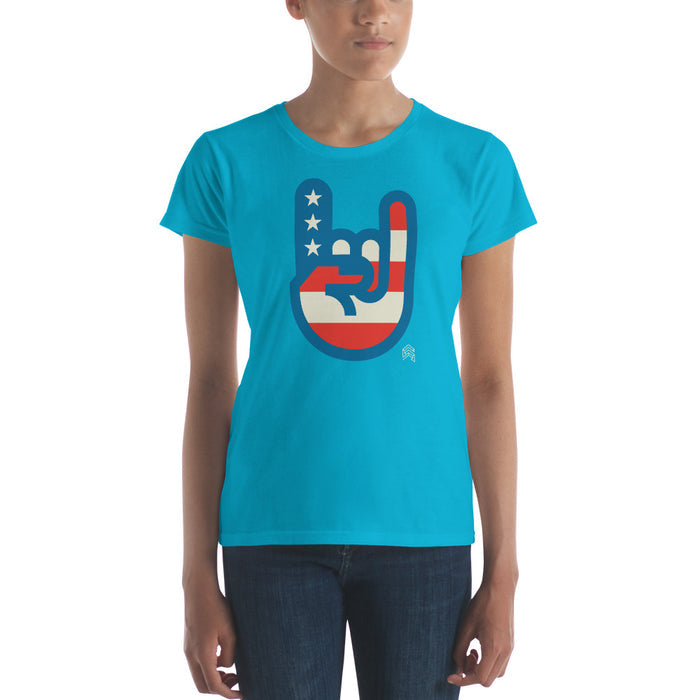 Women's Murica T-shirt in bright turquoise featuring a patriotic hand sign with stars and stripes by Shelfology