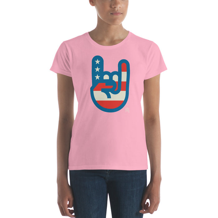 Women's Murica T-shirt in soft pink featuring a patriotic hand sign with stars and stripes by Shelfology