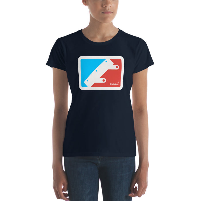 Women's National Bracket Association T-shirt in navy with modern red and blue graphic showcasing Shelfology branding for casual wear
