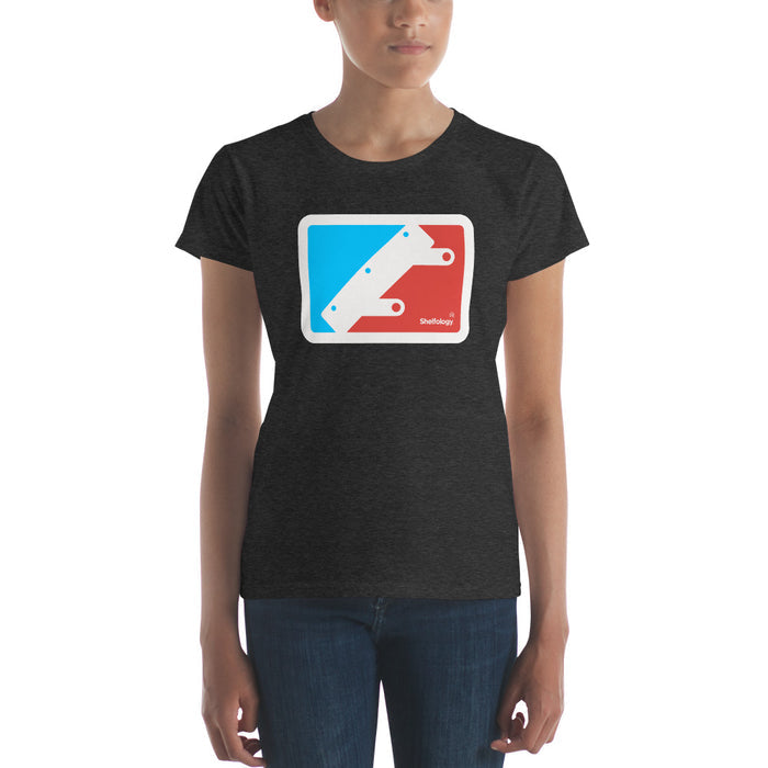 Women's National Bracket Association T-shirt in dark grey with bold red and blue graphic and Shelfology branding
