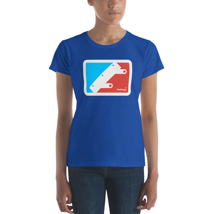 Women's National Bracket Association T-shirt in vibrant royal blue with a modern red and blue graphic and Shelfology branding