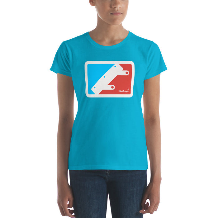 Women's National Bracket Association T-shirt in bright Caribbean blue with geometric red and white graphic and Shelfology branding