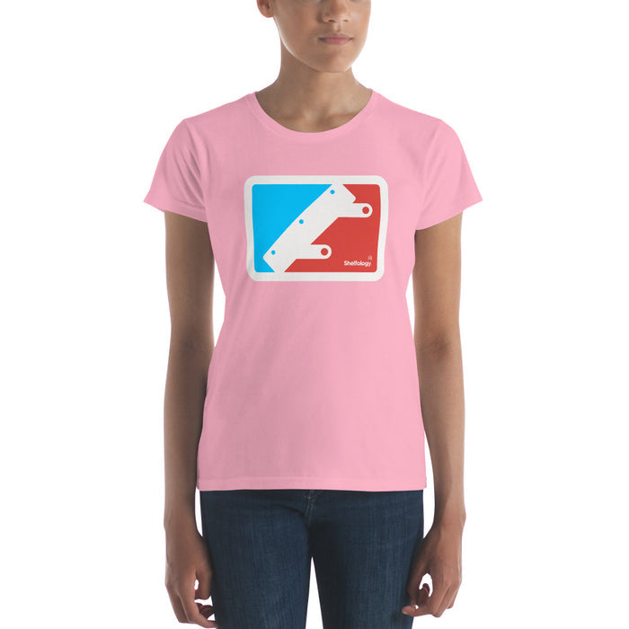 Women's National Bracket Association T-shirt in soft pink with bold blue and red graphic and subtle Shelfology branding