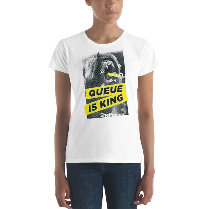 Women's Queue is King T-shirt in white with bold black and yellow graphic and a comfortable tailored fit for casual wear