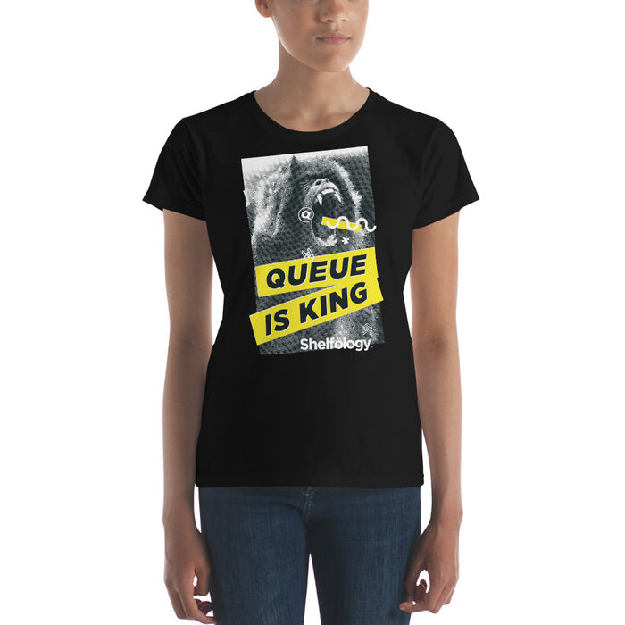 Women's Queue is King T-shirt in black with graphic gorilla design and bold yellow text for a stylish casual look