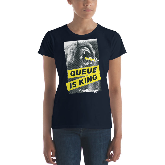 Women's Queue is King T-shirt in navy with bold yellow and white graphic featuring a gorilla for a casual look