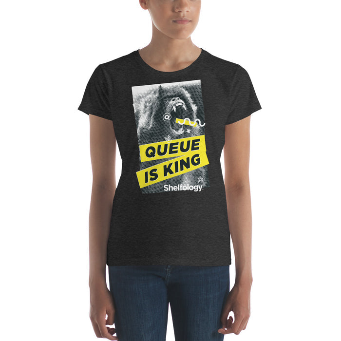 Women's Queue is King T-shirt in dark heather grey with bold yellow and white gorilla graphic for a confident casual style