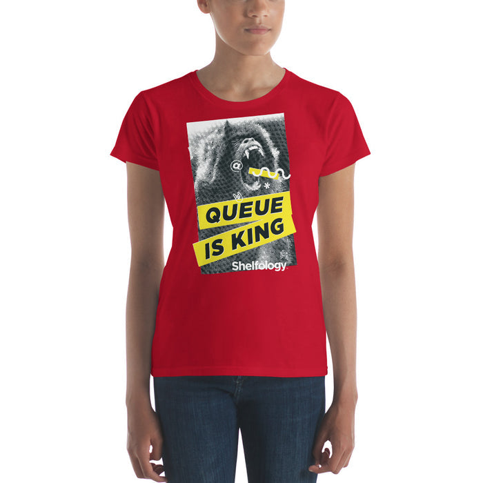 Women's Queue is King T-shirt in vibrant red featuring bold black and yellow gorilla graphic for confident casual style