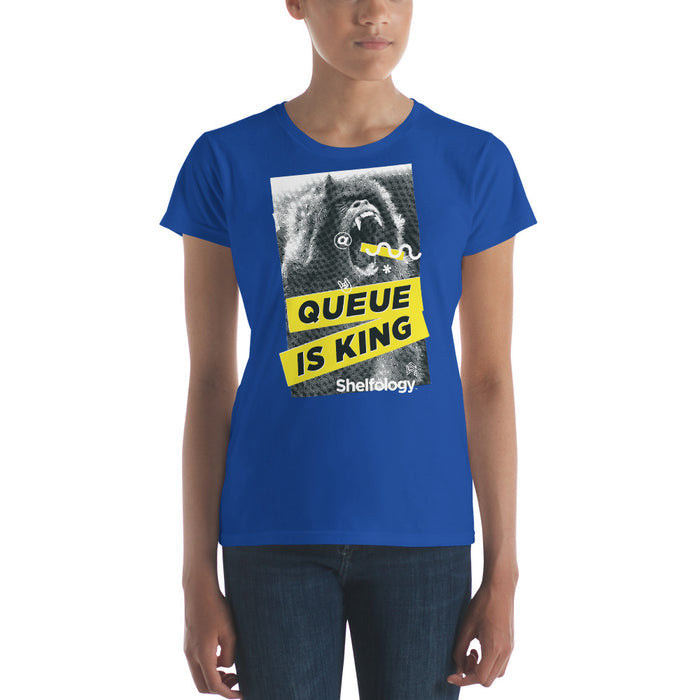 Women's Queue is King T-shirt in royal blue featuring bold yellow and black gorilla graphic with Shelfology branding for casual wear