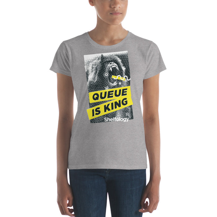 Women's Queue is King T-shirt in light grey featuring bold yellow and black graphic with a gorilla for casual wear