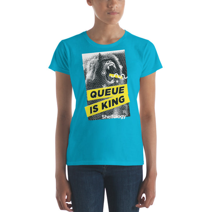 Women's Queue is King T-shirt in Caribbean blue with bold black and yellow gorilla graphic for casual style